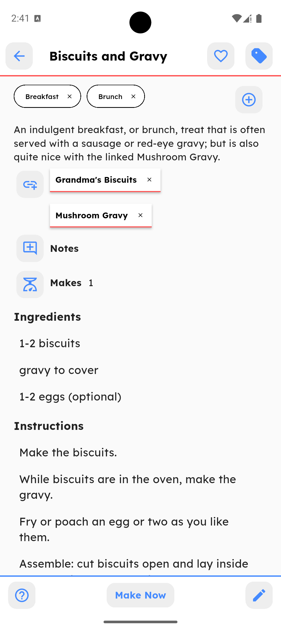 Recipe detail with controls