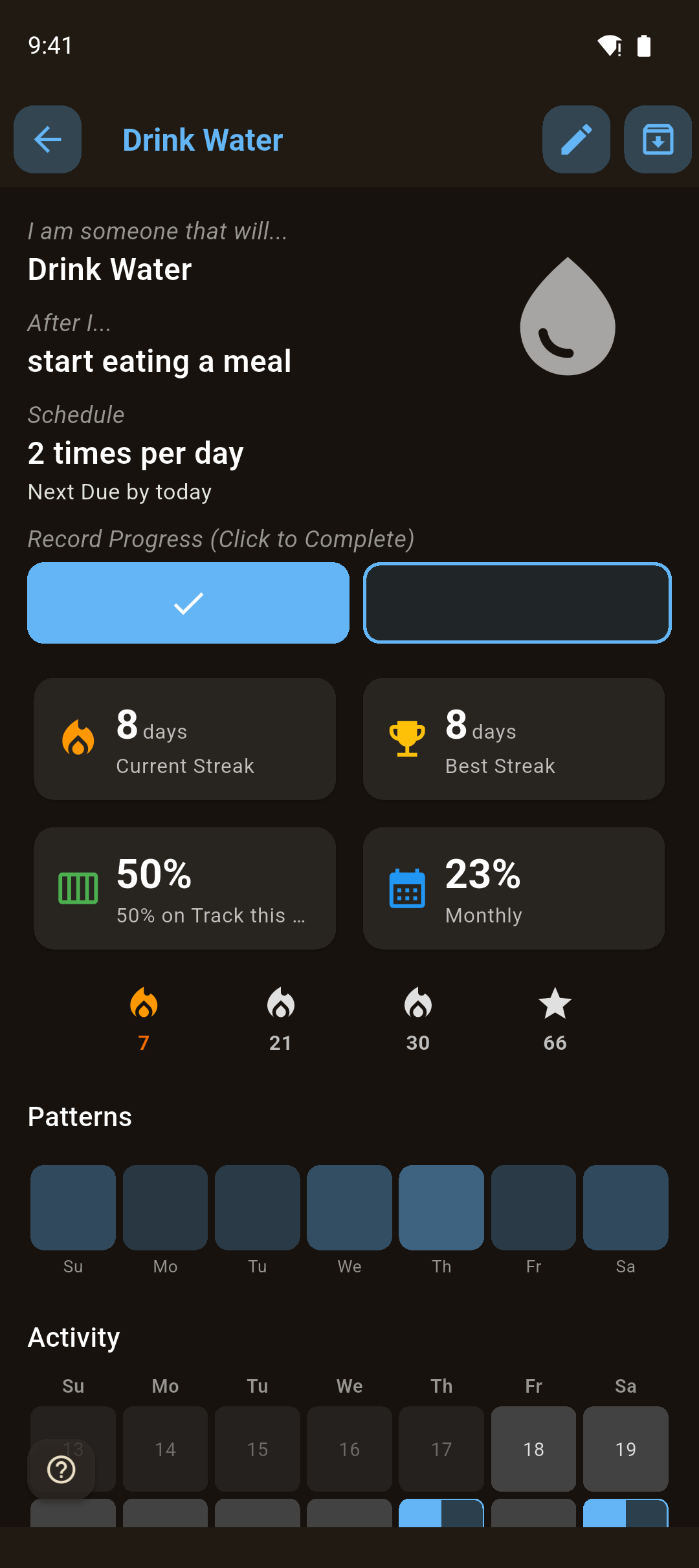 Activity calendar for past completions