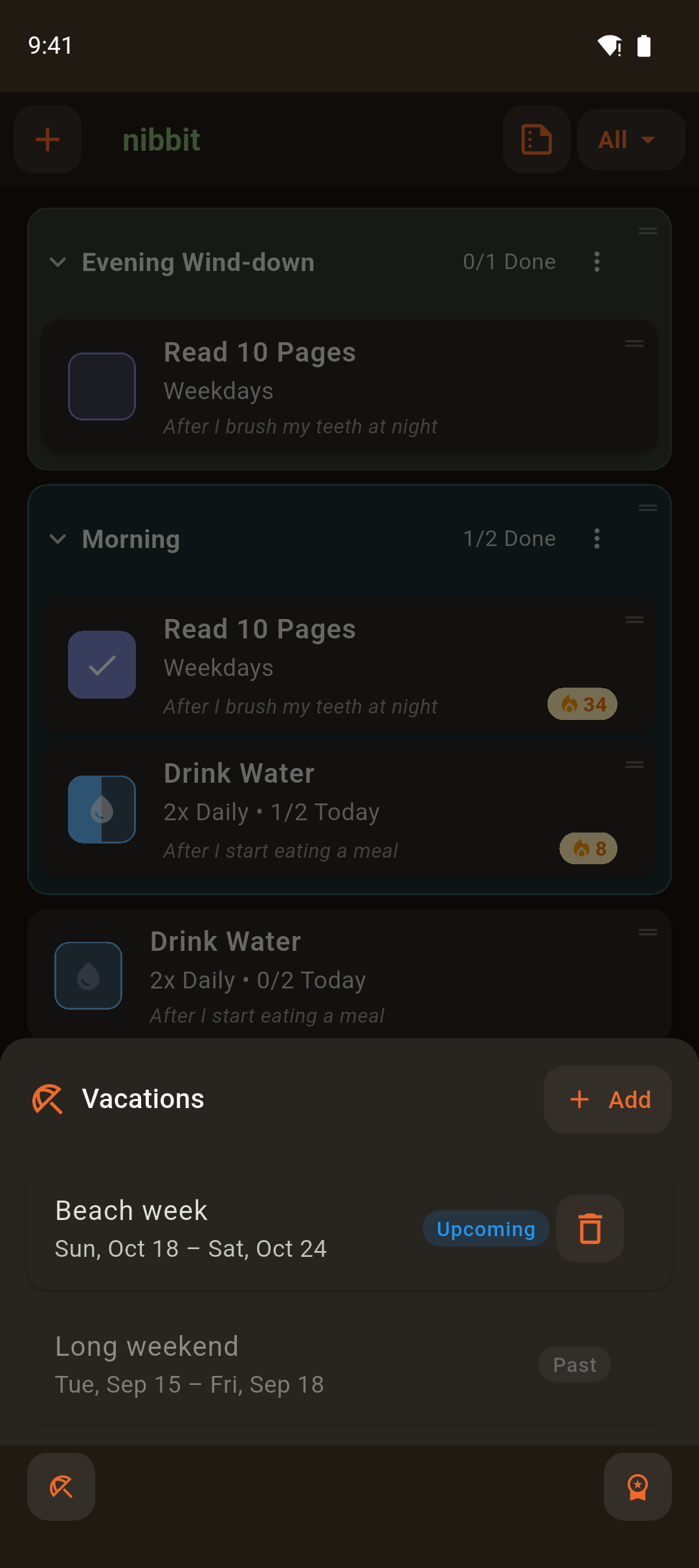 Vacations sheet with an upcoming trip