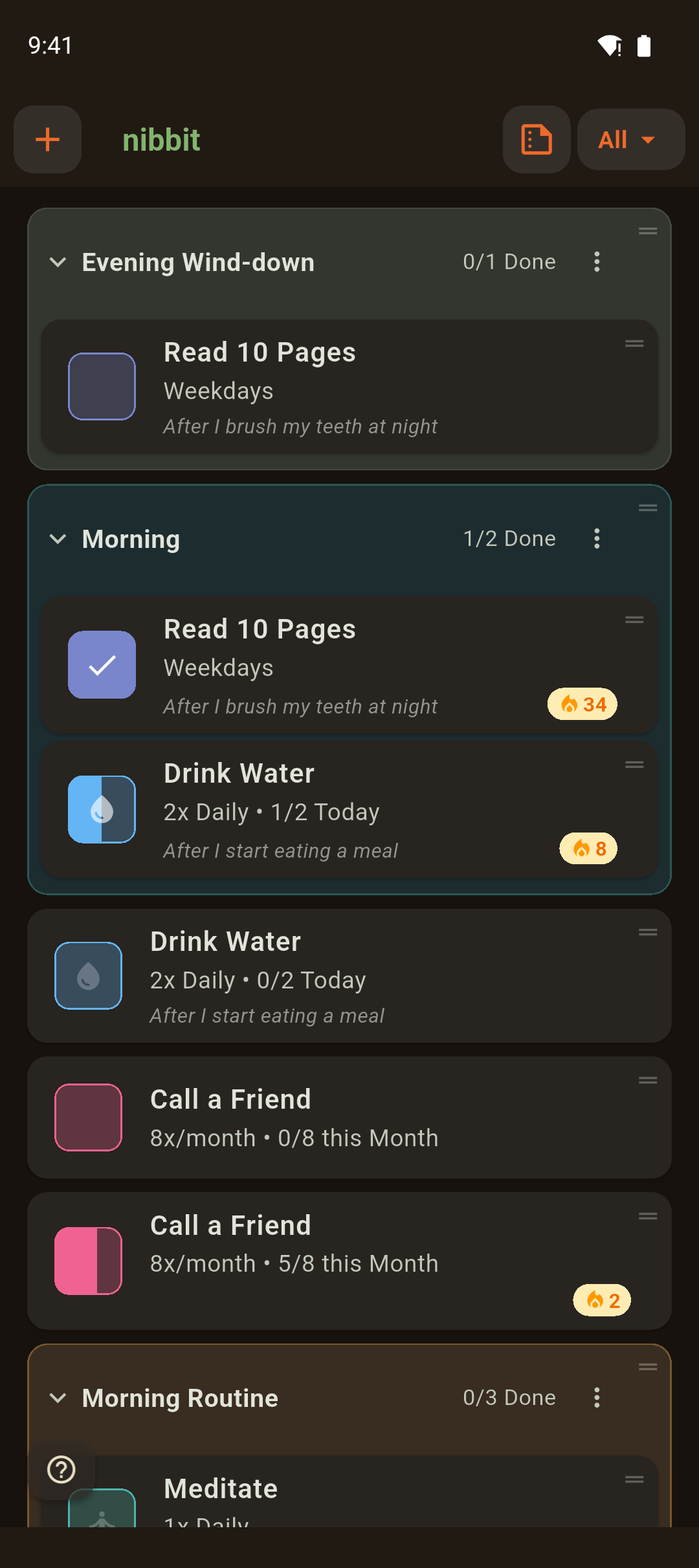 Today's habits with reminders