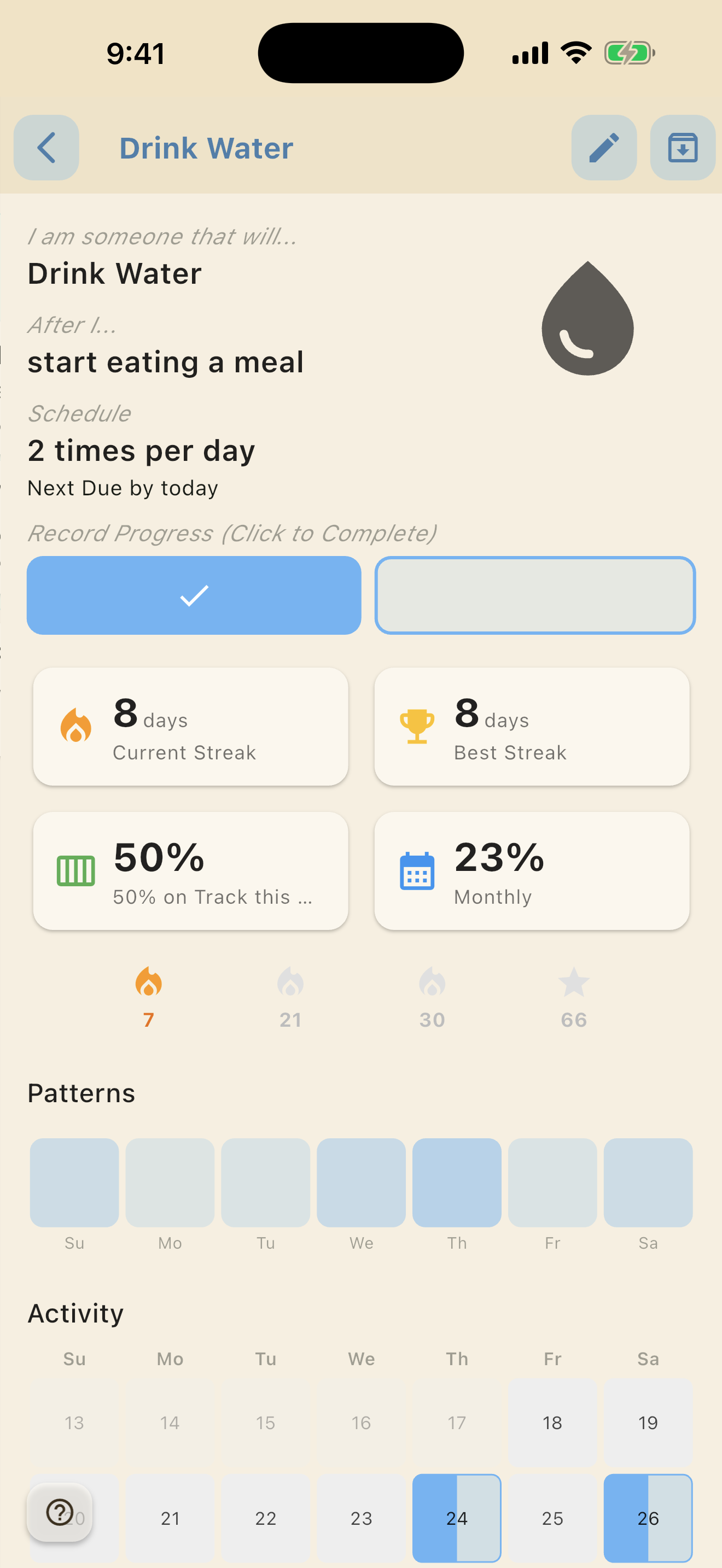 Activity calendar for past completions