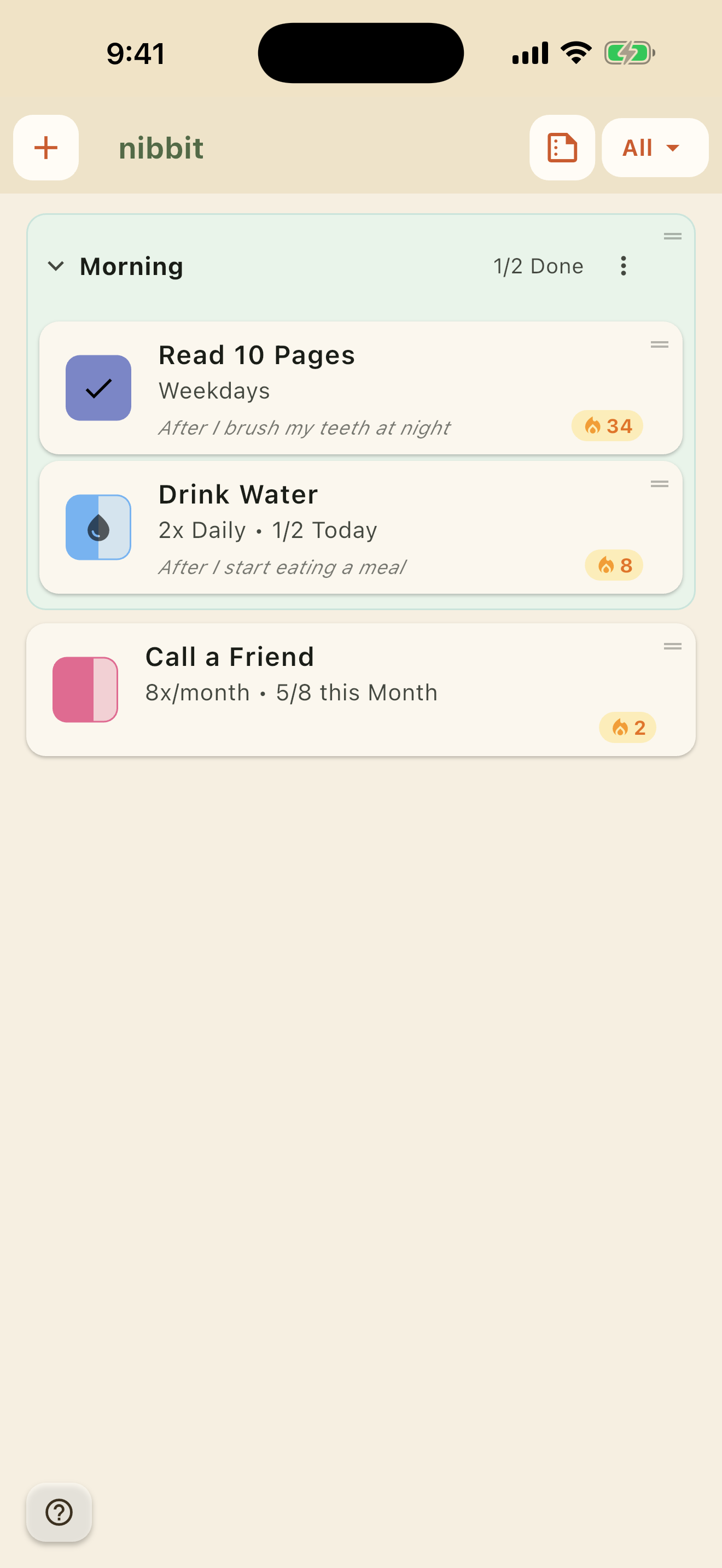 Today's habits with reminders